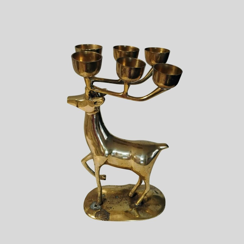 Vintage Brass Deer Candleholder, Reindeer Candelabra, 14" Mantel Stag Figurine - Picture 8 of 11